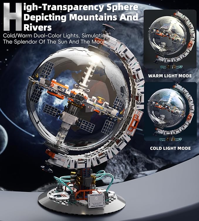 Space Station Globe Building Set for Adults 360° Rotatable STEM Toys with Dual Illumination Modes Compatible with Lego Hobby Gifts for Adults/Teens Home Decor