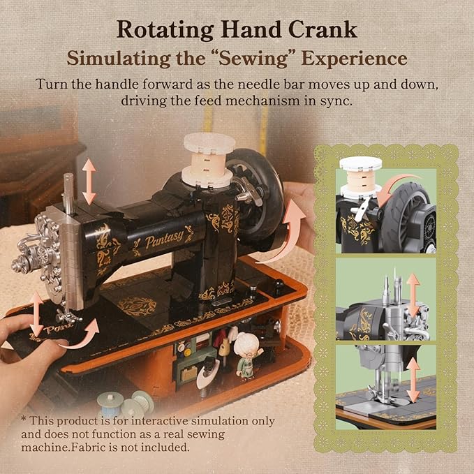 PANTASY Retro Building Set Vintage Hand Crank Sewing Machine Brick Model Collectible with Functional Gear Linkage Hidden Mini Tailor Shop Scene Adult Display and Desk Decor Gift