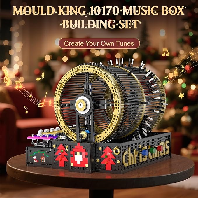 Mould King 10170 Music Box Building Sets 2344+ PCS Rotating Christmas Music Box with 4 Speed Adjustable Mode Black Gold Design with Festive Patterns Collectible Decoration Gift for Adults Age 14+