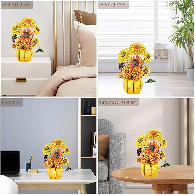 Flowers Building Set for Adults - Sunflowers Building Blocks with Vase 1009PCS Artificial Flowers Botanical Collection Gifts for Christmas Birthday Valentine's Day