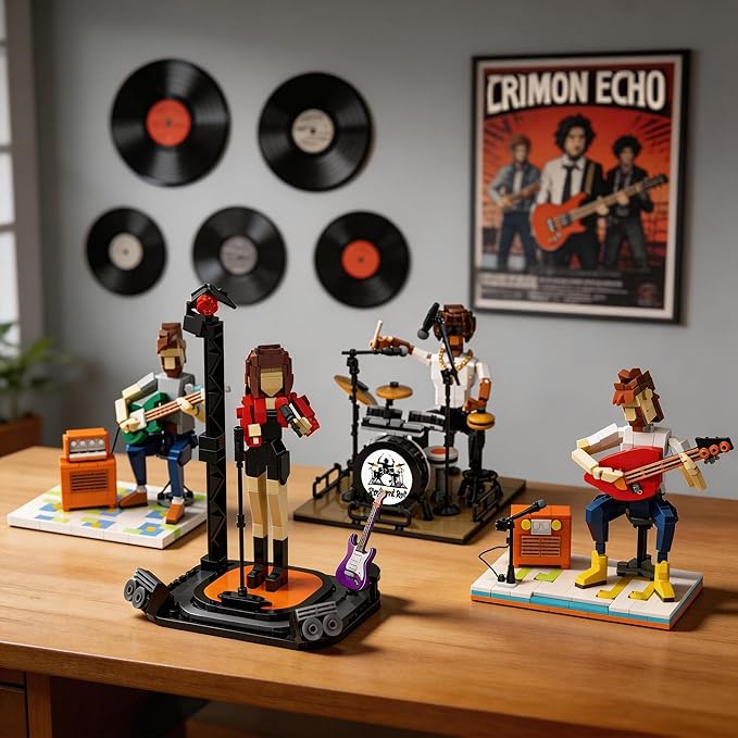 Dynamic Drummer Building Kit - 428-Piece Rock Concert Stage with Poseable Figure &amp Adjustable Drum Set Adult Collectible Model for Music Lovers Home Office Desk Decor Ages 14+