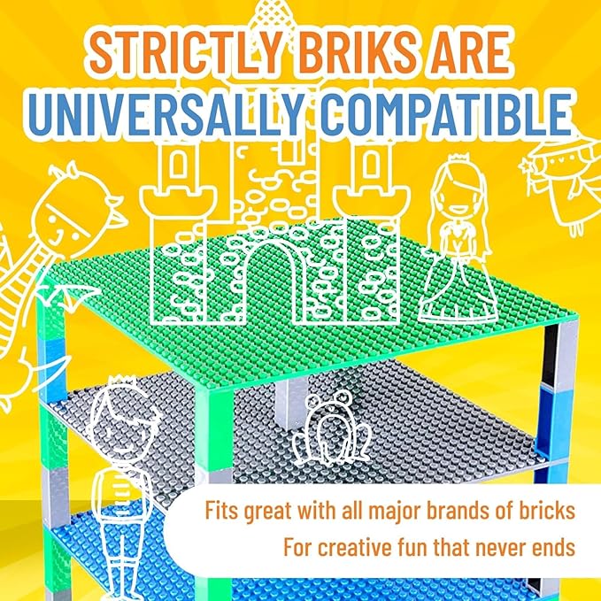 Strictly Briks Baseplate Set - Compatible with Lego 10 x 10 in 6 Baseplates with 50 Stackers Stackable Baseplates Building Toy Blocks Custom Display Towers Kids Easter Gift Blue Green Grey