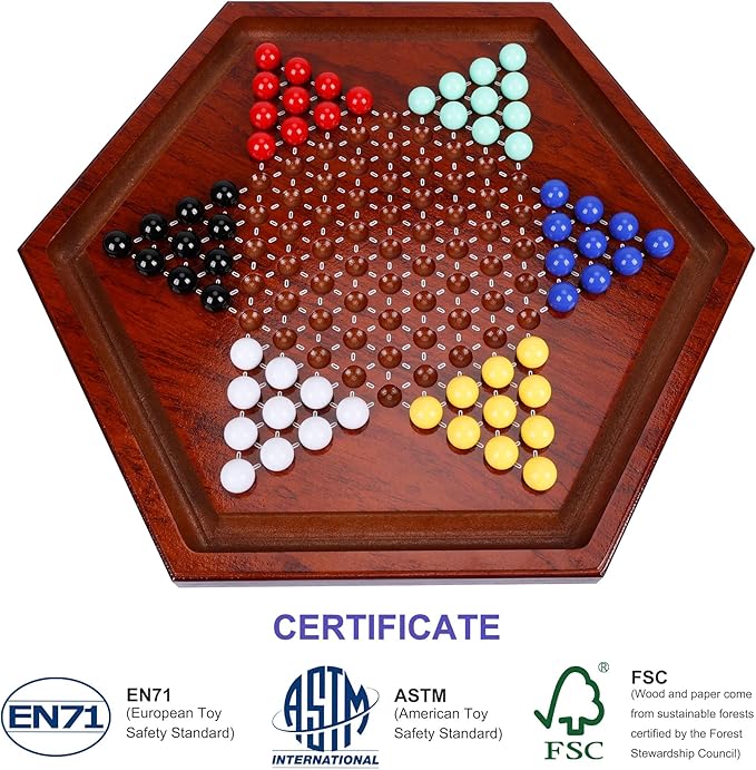 14 inches Wooden Chinese Checkers Set 60+12 Colorful Acrylic Marbles in 6 Colors Classic Strategy Games for Adults Kids and Seniors Fun for Whole Family Board Game (Up to 6 Players)