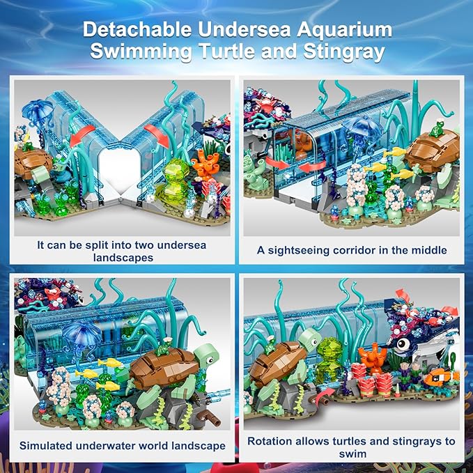 Aquarium Building Blocks Set Compatible with Lego Fish Tank Creative Foldable 2 Styles Ocean Fish Animals Building Blocks Toys Gift for Adults Boys Girls 8-12+ Including Marine Turtle Jellyfish