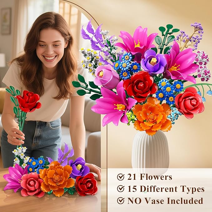Flowers Bouquet Building Set with LED Light 21 Flower Botanical Collection Block Toy Rose Home Plant Decor 1054PCS for Her Adults Women Mom Kids Girls 12+ (RED)