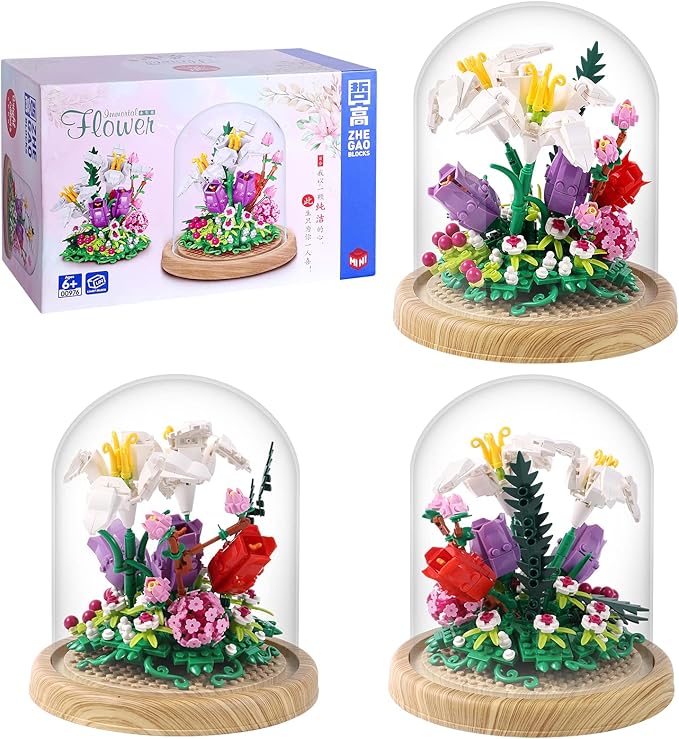 600+PCS Creative Lily Flowers Bonsai Tree Building setsSweet Lily Building Blocks with a Transparent Display Glass CoverExquisite Decoreated Flower SetAny time is the most warm love for Her