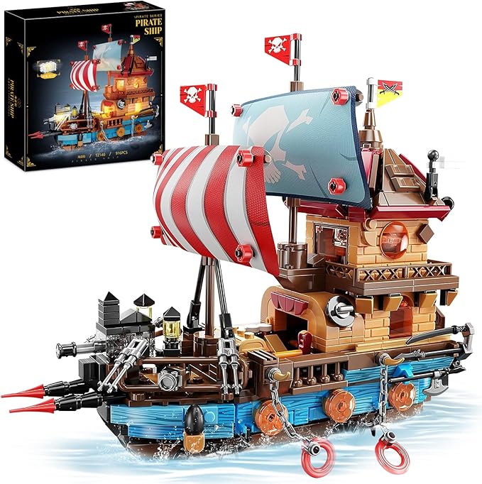 Pirate Ship Building Sets with Lights Creative Model Ship Boat Pirate Themed Toys Building Kits for Home Decor 916 Pieces Christmas Birthday Gift for Adults Teens 14+