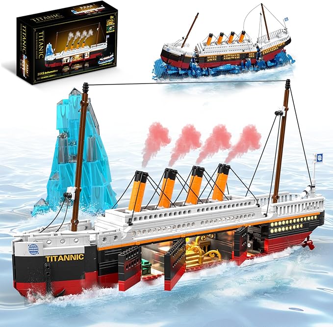 2 in 1 Titanic Building Set Titanic Big Ship Model Building Kit with Lights Bricks and Glacier Compatible with Lego for Adults Men 1928 Pieces STEM Construction Toy for Teens 14+