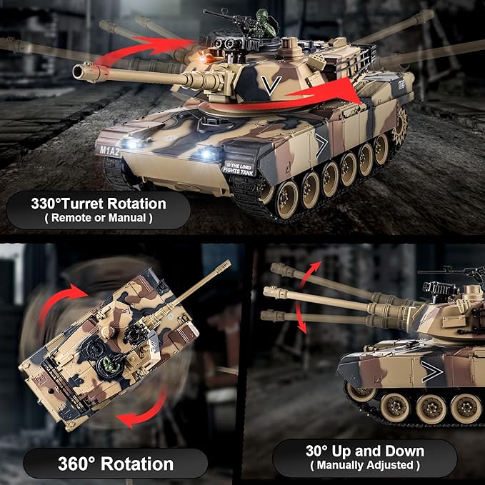 1:18 RC Tank that Shoot BBS 2.4G US M1A2 Remote Control Tank Model Truck Toys Army Toy with Smoke Lights Sound and Recoil Military RC Vehicle for Adults and Kids 6+ Years Old