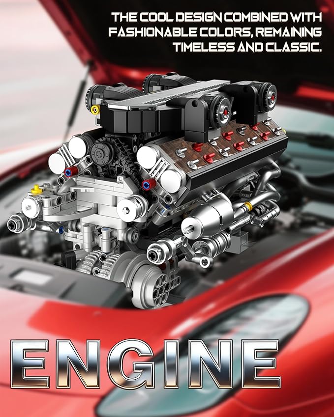 V12 Engine Building Set for Adults and Teens 14+ 1409 PCS Motorized Mechanical Engineering Model Kit That Runs MOC Engine Toy with Battery Box and Motor Compatible with Lego STEM Gift for Men