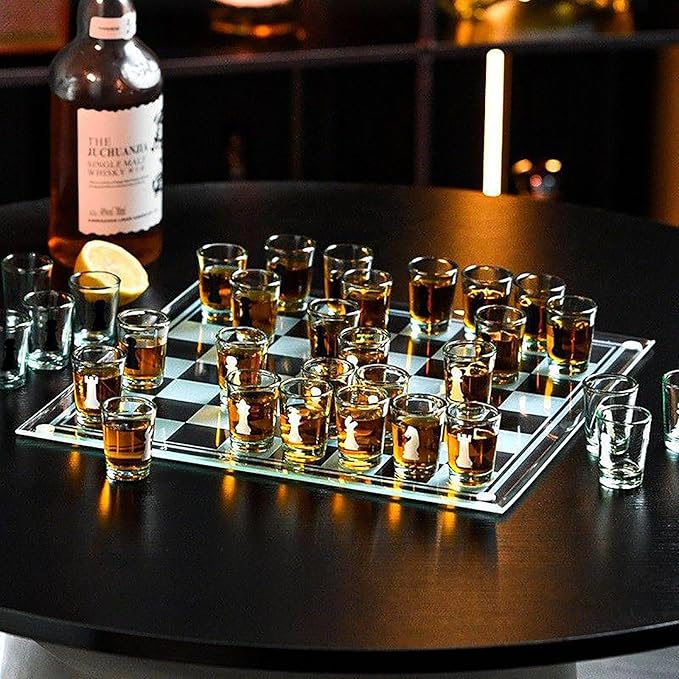 Shot Glass Chess Set 9.45-Inch Chess Board with 32 Mini 1.34-Inch Shot Glass Pieces Adult Drinking Chess Game for Parties Fun Novelty Gift
