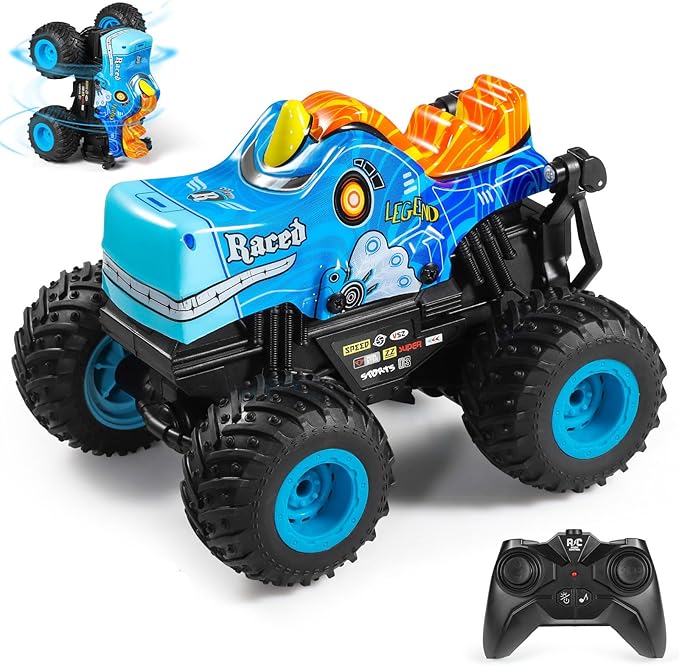 DYODYORC Remote Control Car 2.4Ghz All Terrain Monster Truck RC Truck with Music 3 Lighting Effects 360 Stunt Capable 2 Batteries Ready to Run Toy Gifts for Boys and Girls (Blue)