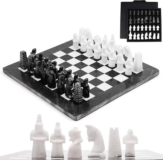 Radicaln Marble Antique Chess Set with Storage Box 15 Inches Black and White Handmade Board Game 2 Player Classic Chess Sets for Adults Board &amp 32 Chess Pieces