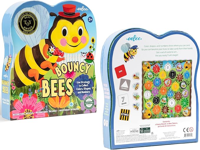 eeBoo: Bouncy Bees - Basic Skills Learning Strategy Board Game Learn Colors-Numbers-Shapes Card Set Collection Preschool Play Kids 3+ 2-4 Player