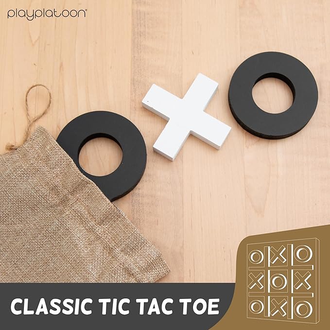 Play Platoon Magnetic Tic Tac Toe Game - Large Metal and Wooden Wall Mounted Board Games - 13.5 Inch Table Top or Wall Mounted Farmhouse Rustic for Game Room - Black &amp White