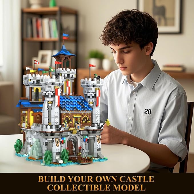 Reobrix Medieval Castle Building Sets for Adults Medieval Architecture Set with Light Collectible Model or Home Office Decor Street View House Building Kits 66006