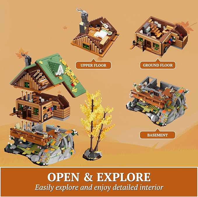 FUNWHOLE Mountain-Cabin House Lighting Building-Bricks Set - Friends Mountain House and Treehouse Collection LED Light Building Set 2255 Pcs for Adults and Teen