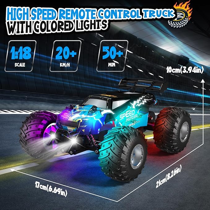 Remote Control Car All Terrain Remote Control Truck for Boy 2.4GHz Rc Car with Bodylight and Two Rechargeable Batteries 20KM/H Monster Truck Toys