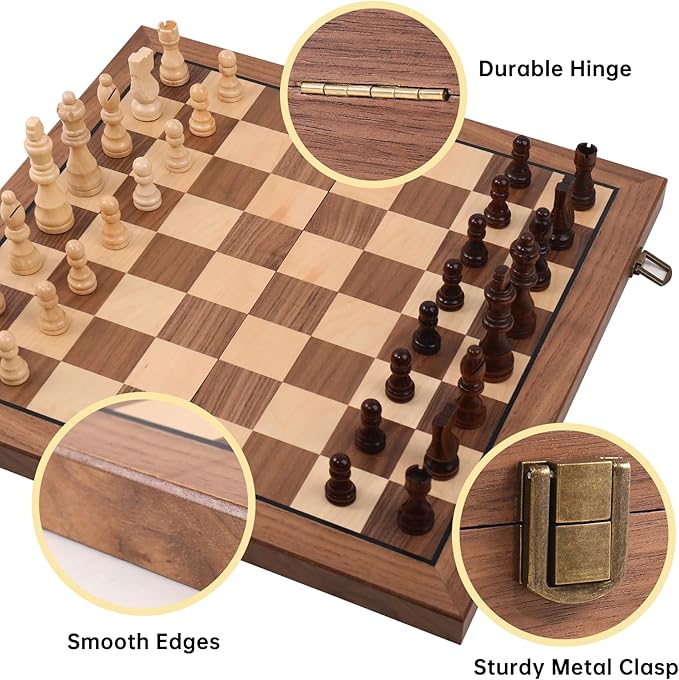 Ajedrez 15 Magnetic Chess Set for Adults/Kids—Folding Travel Wooden Board with Storage Bag Portable Beginner &amp Expert Chess Sets