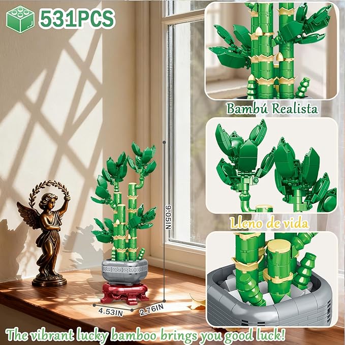 Botanicals 3 Bonsai Flowers Building Blocks Set Lucky Bamboo-Red Poinsettia-Pink Orchid Artificial Flower Bouquet Building Bricks Toy Plants Decor Ideal Valentine's Day Gift for Lover (1576PCS)