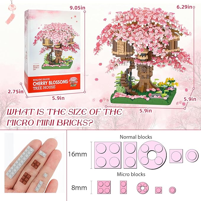 Cherry Blossom Bonsai Tree Mini Micro Building Set Japanese Sakura Tree House Model Sets for Adults Flowers House Mini Bricks Building Kit Creative Gift Toys for Teens 14 (2028PCS)