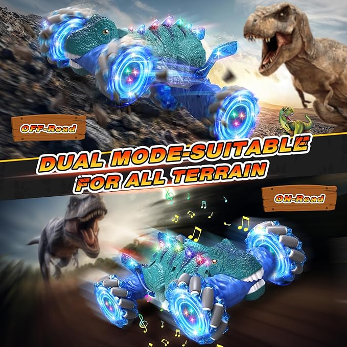 Remote Control CarDinosaur Toys car for Kids2.4GHz LED Gesture Sensing RC Car4WD Rotation RC Stunt Car with Lights and MusicDino Toys for Kids Ages 3 4 5 6 7 Gifts for Boys Girls(Blue)