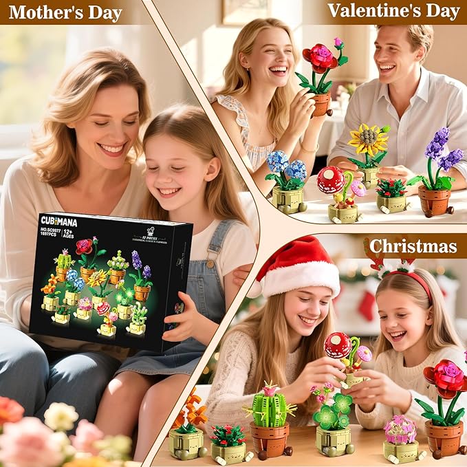 12 Pack Flowers Plants Mini Building Set - 1697PCS Flower Botanical Collection 3.6MM Succulent Building Toy for Home Office Decor Easter Birthday Party Favors Gift for Adults Girls Boys 12+