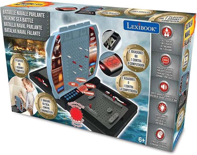 Talking Sea Battle (French English Spanish Portuguese) Electronic Board Game 1 or 2 Players Interactive Light and Sound Effects Strategy batteriy Operated Grey/Black GT2800i1