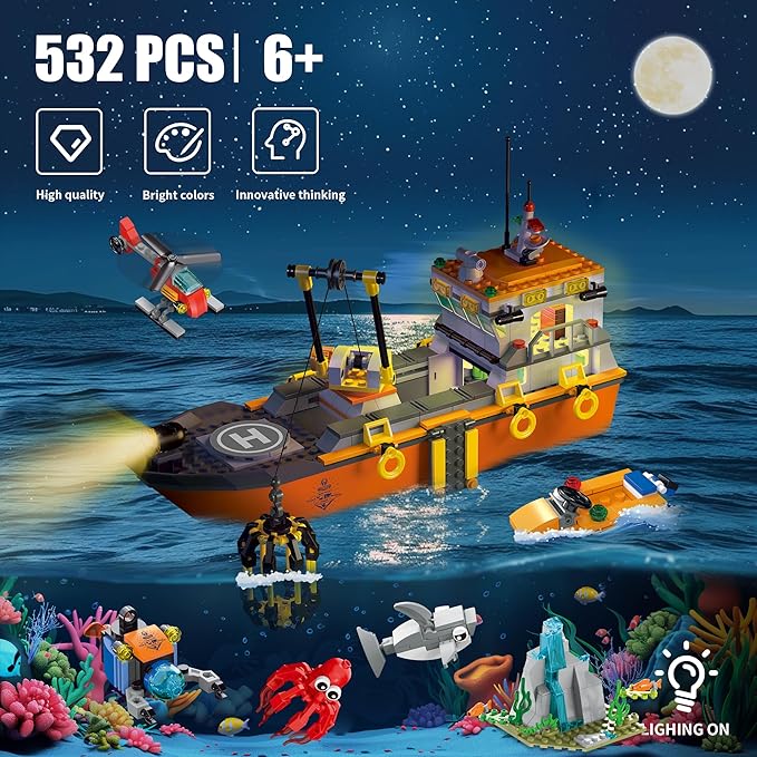 City Ocean Explorer Ship Building Set Exploration Boat Set Toy Building Block with LED Lights Helicopter Submarine and Shark Cage Birthday Gifts for 6 8 10 12 Years Old Boys Kids Girls