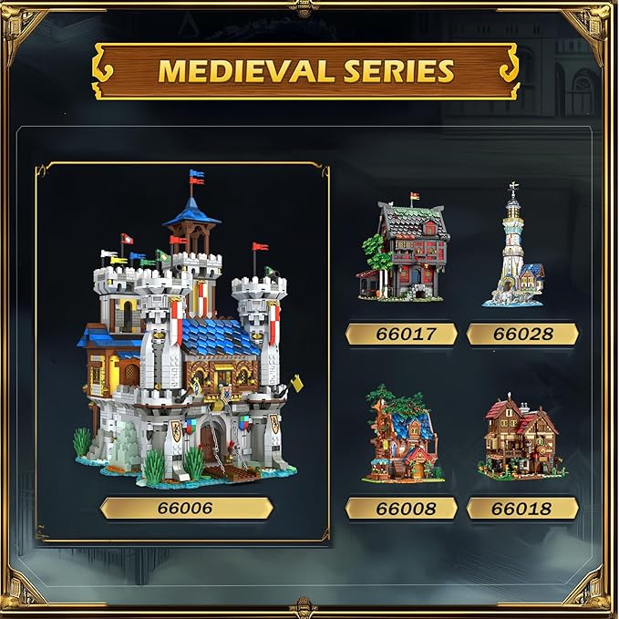 Reobrix Medieval Castle Building Sets for Adults Medieval Architecture Set with Light Collectible Model or Home Office Decor Street View House Building Kits 66006