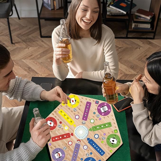 Fast Track Marble Board Game Wahoo Board Game Double Sided Painted Fast Track Board Games for 6 and 4 Players Includes 6 Colors 30 Marbles 1 Deck of PVC Playing Cards 1 Canvas Bag