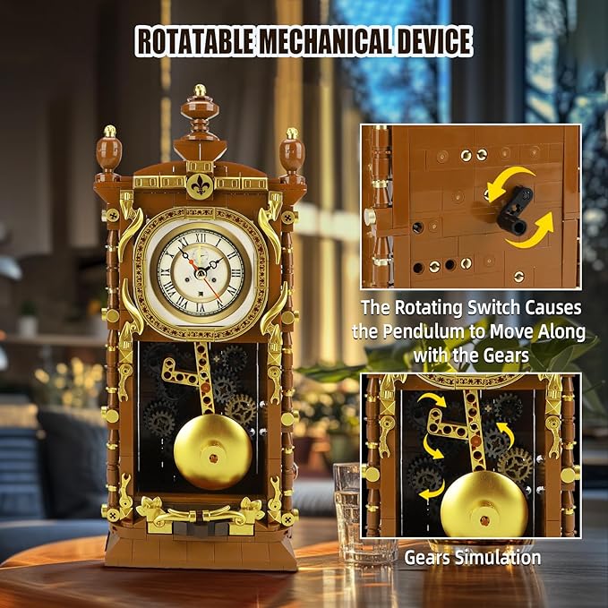 Retro Clock Building Block Set for Adults Linkable Mechanical Pendulum Clock Building Brick Kit Compatible with Lego Vintage Toy for Home Decor Gifts for Kid and Adult 8-12（751PCS）
