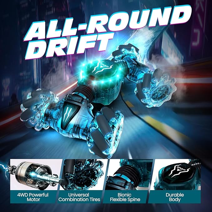 Tecnock Remote Control Car for Boys Girls 2.4GHz 4WD Gesture Sensing RC Stunt Car Toys - 360° Rotating Double Sided Hand Controlled RC Cars with LED Lights Gifts for Kids Ages 6-8 8-12