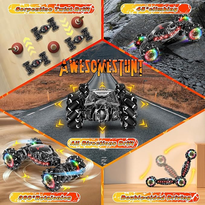 RC Stunt Car 2.4GHz LED Gesture Sensing 4WD Double Sided Rotation with Lights and Music All Terrain Rotation Drift Car - Birthday Gifts for Boys &amp Girls (Black)