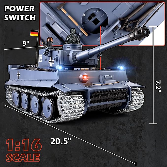 1/16 RC Tank Heng Long Metal Tiger I Army Toy with Smoke Sound and Lights Remote Control Tank That Shoots with Upgraded Metal Tracks Idler and Sprocket Wheel Steel Gearbox Batteries*2