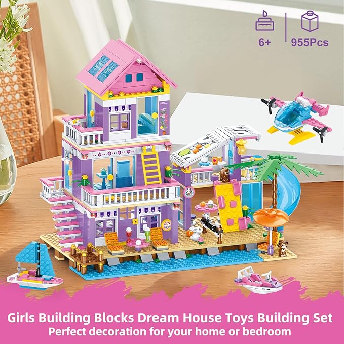 955 Piece Beach House Building SetSeaside Beach Villa Building Toys Friends Vacation Hut Blocks SetSTEM BuildingToys with HelicopterYachtSailboatChristmas Birthday Gift for Girl Age 6-12+