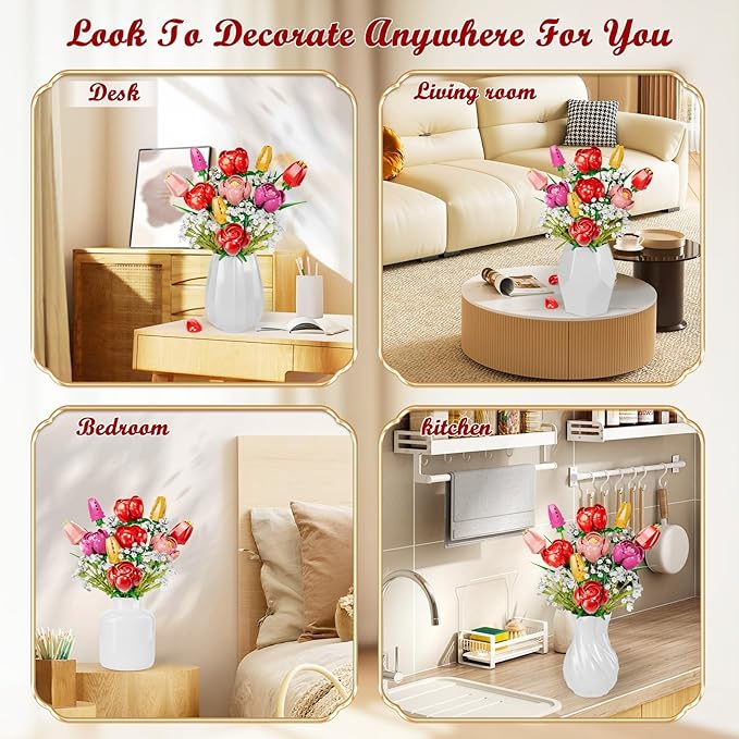 Utbttor Flower Bouquet Building Kit Red Rose &amp Tulips 680 Pcs Building Blocks Set - Valentine's Day Mother's Day Christmas Birthday Gift for Adults Women Her Home Office Decor No Vase