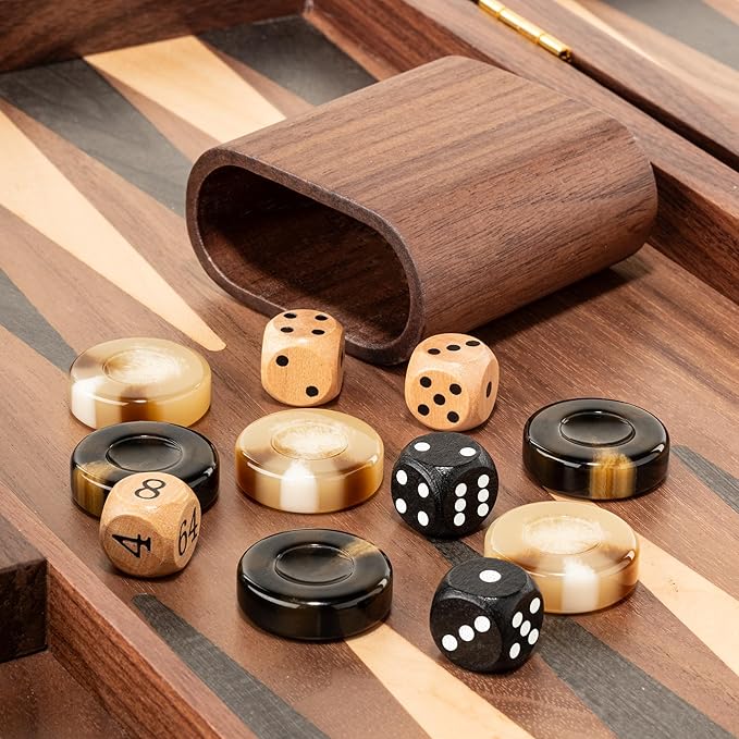 14.5” Premium Natural Walnut Folding Backgammon Sets for Adults and Kids Including 30 Artificial Horn Checkers 2 Walnut Dice Cups and 5 Wooden Dice/Classic Two-Player Strategy Board