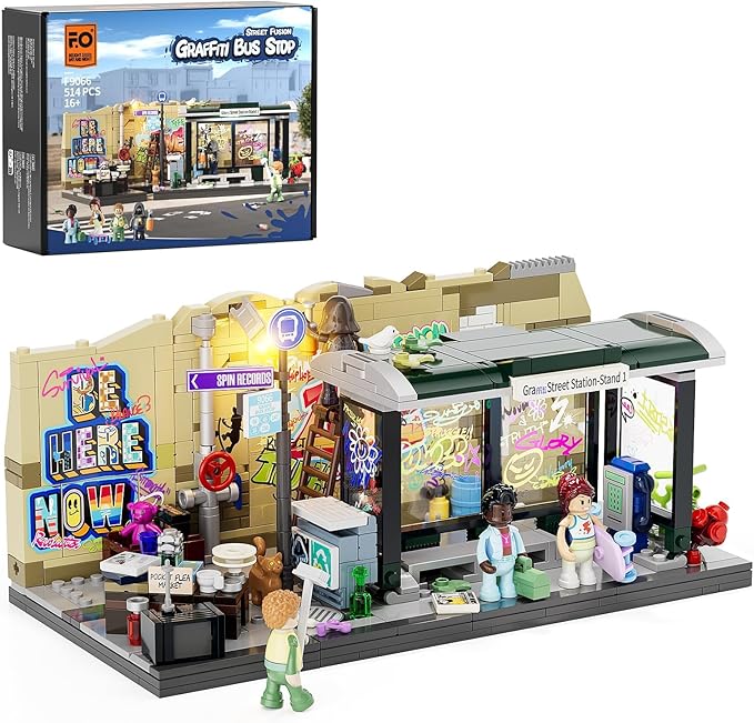 FUNWHOLE Graffiti Bus Stop Lighting Building Bricks Set - Street Fusion City Town Bus Station with LED Lgiht Multi-Form Modular Collection Kit 514 Pcs for Adults &amp Teens &amp Street Culture Lover