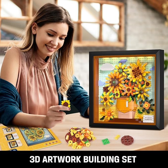 HOGOKIDS Flowers Sunflower Building Set with Lights - 807PCS Painting Frame Artwork Botanical Collection Mini Building Blocks for Home Dcor Wall Art Architecture Set Easter Gift for Adults Teens