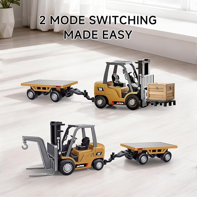 BRRRRT 1/64 Full Proportional RC Forklift Toy8 Channel 2 Mode Mini Remote Control Forklift Truck with Flatbed Tow Truck2 in 1 Transformable Lift Fork &amp Hook with Rechargeable Battery for 4+ Kids