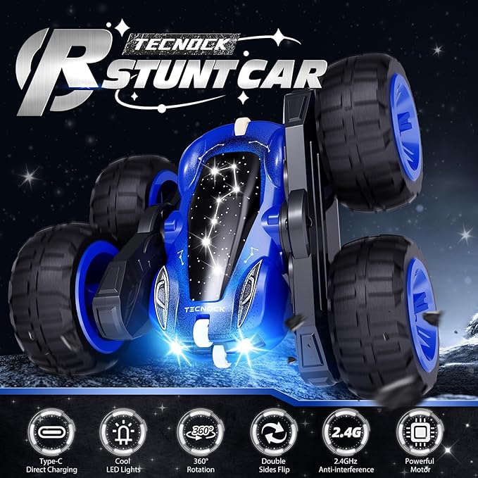 Tecnock Remote Control Car 2.4GHz RC Cars with USB-C Easy Charging 4WD Double Sided 360° Rotates and Flips RC Stunt Car Toys Gift for Boys and Girls Ages 6-8 8-12