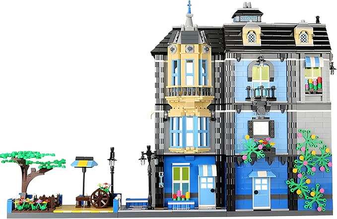 General Jim's 3-Story Victorian Townhouse &amp Garden Coffee Shop 2313-Piece Blue &amp Yellow Modular Building Blocks Set - MOC City Buildings - Great Gift for Brick Building Enthusiasts