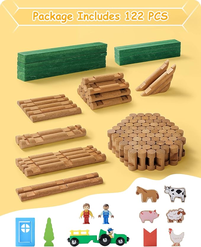 SainSmart Jr. Wooden Log Cabin Set Farm Building House Toy for Toddlers 122 PCS Classic STEM Construction Kit with Colorful Wood Logs Blocks for 3+ Years Old