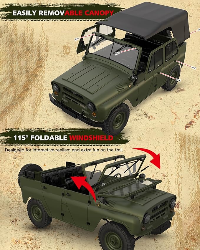 ARRIS 1/12 RC Crawler WPL C94 UAZ-469 Scale RC Rock Crawler 4x4 2.4GHz RTF Off-Road Truck 4WD Military RC Truck with Proportional Steering Hobby Grade Gift for Adults