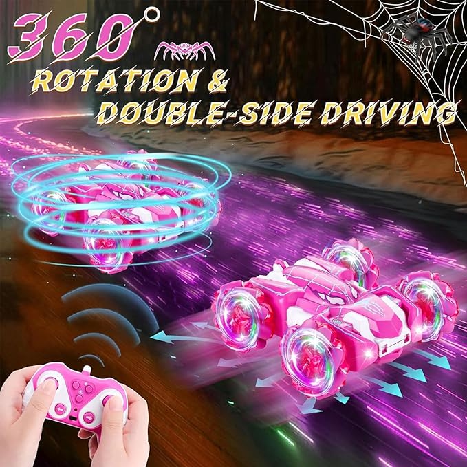 Spider Remote Control Car Double Sided 360°Rotating USB Direct Charging RC Cars with Cool Lights 2.4Ghz Drift RC Stunt Car 360°Rotating 4WD Off-Road Race Toys for 4-12 Boy Girl Kids Gifts(Pink)