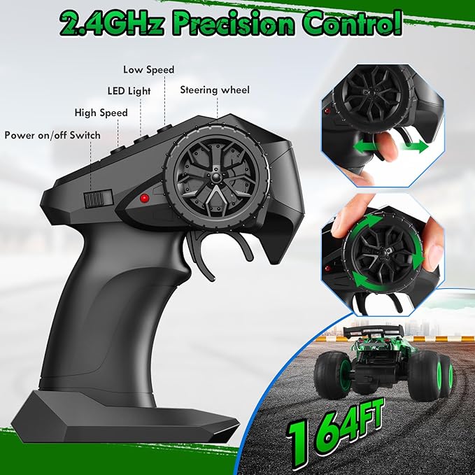 Remote Control Car 1:18 Rc Cars All-Terrain RC Truck with LED Light 20KM/H Rechargeable 2WD 2.4GHz Sturdy PVC Shell Remote Control Truck for Boys 4-7 8-12 Beginner (Green)