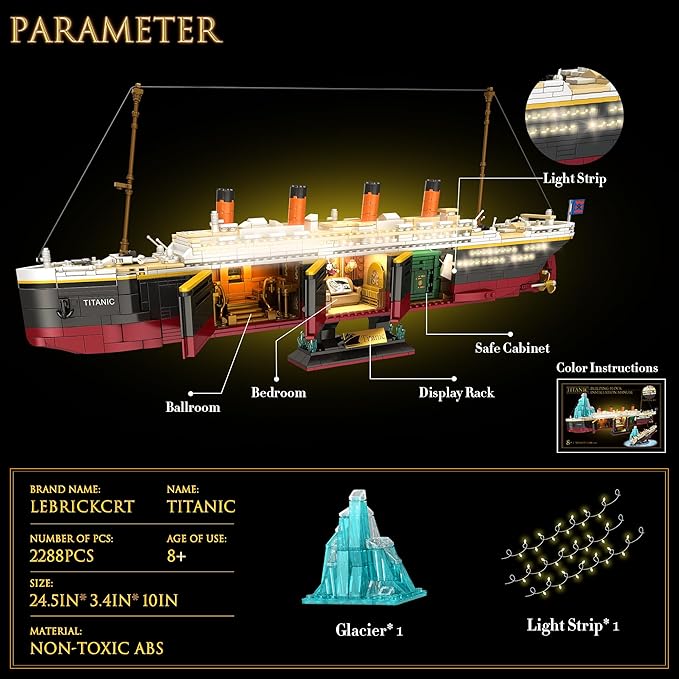 Titanic Building Blocks Set 2288 Pieces Big Ship Block Model Set with Light Strip Glacier Ideal Gift for Adults