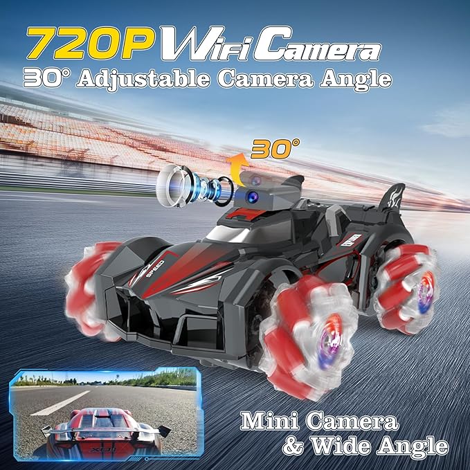 Yasola RC Car with Camera for Kids Remote Control 360° Rotating High Speed Stunt Vehicle Toy for Boys and Girls Rechargeable Racing Drift Cars with Flashing Lights and Dynamic Sound for Adults
