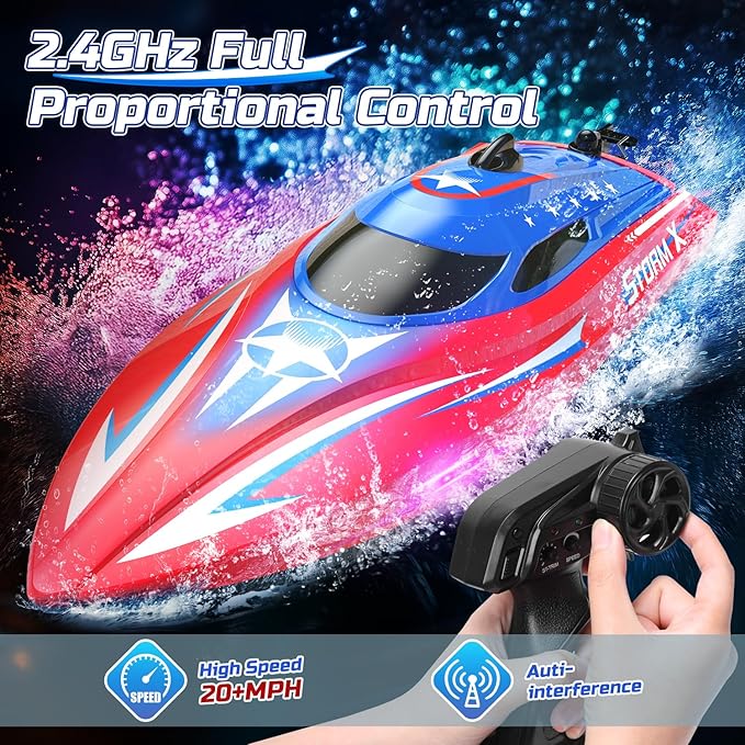 HOLYFUN Full Proportional Remote Control Boat for Kids &amp Adults 20MPH+ High-Speed Waterproof RC Boat 2 Battery(30 Mins) 2.4GHz Racing Boats Toy for Water Pool &amp Lake
